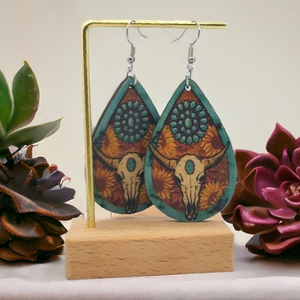 Longhorn Sunflower Skull Western Wooden Drop Earrings Steer Cattle Cow Bull New